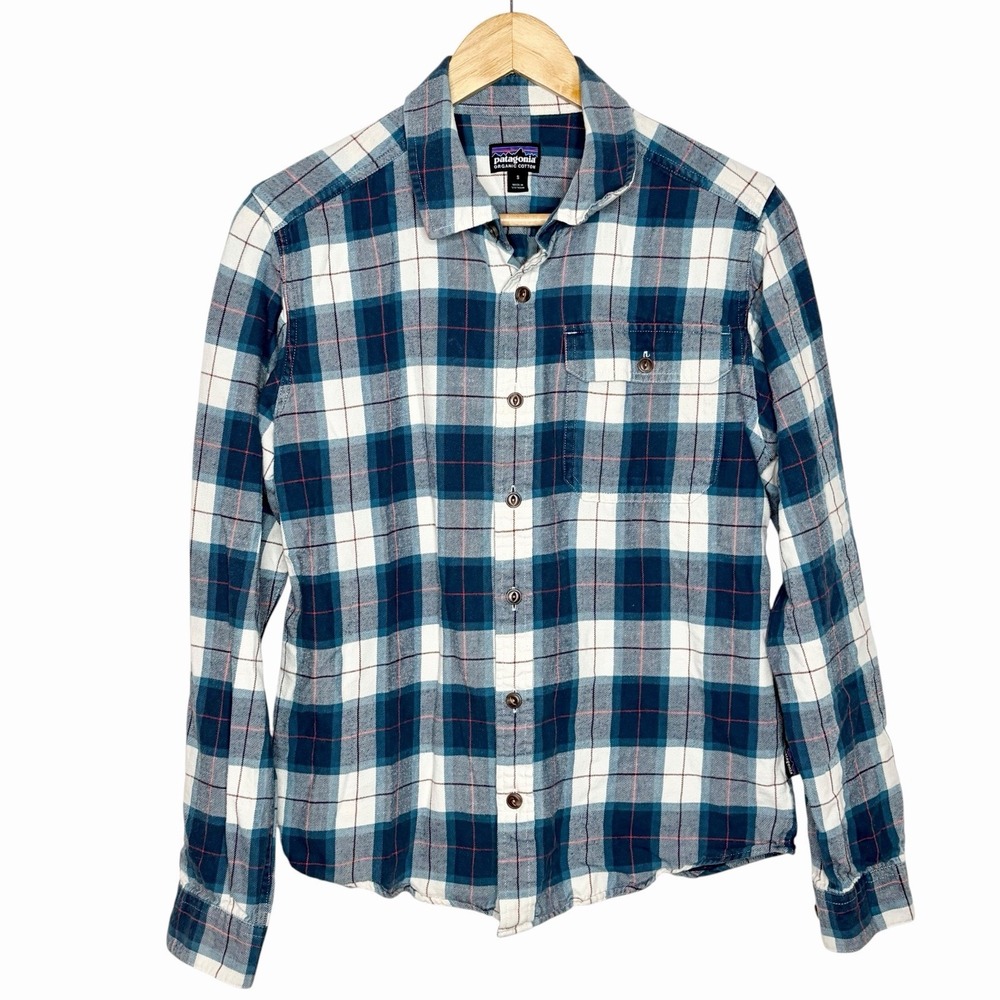 Patagonia Organic Cotton Plaid Flannel Shirt Blue Womens Small Granola Outdoor